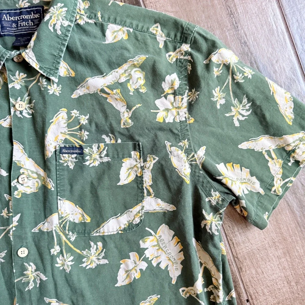 Abercrombie & Fitch Mens Vintage 90s Mens Hawaiian Hula Button Up Shirt, Green,L - Picture 3 of 11